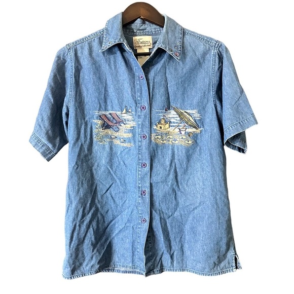 Tradition Tops - Tradition Country Collection Light Blue Nautical Beach Embroidered Shirt Sz M